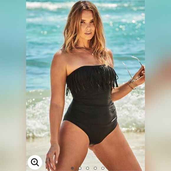 Swimsuits For All Black Fringe Bandeau One Piece Swimsuit Plus Size Woman's 14